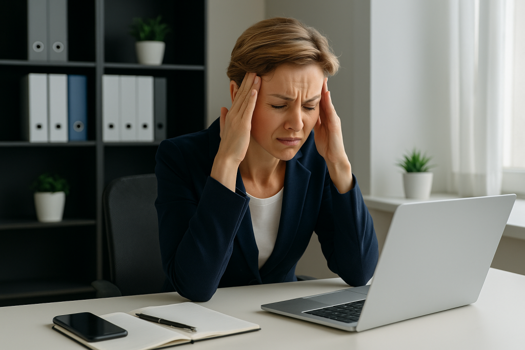 Kvinne med høyt stressnivå på arbeidsplassen, ser utmattet foran PC