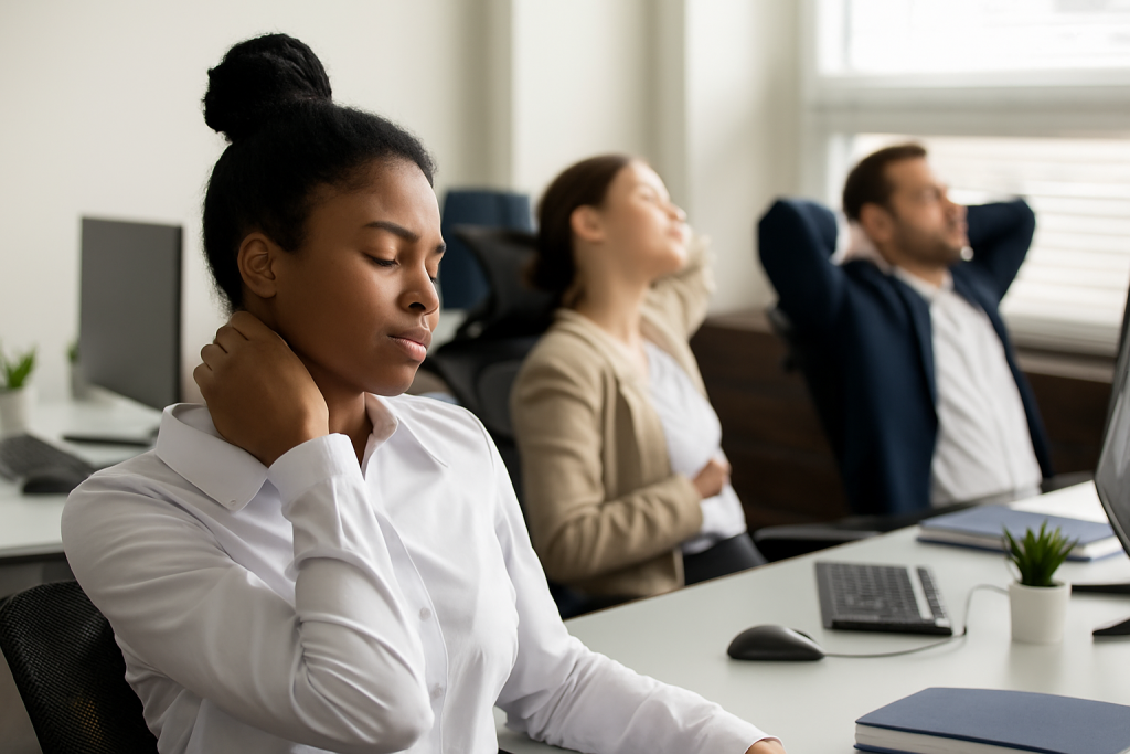 Ansatte på kontor tar en kort pause og strekker seg for å redusere stress og øke fokus