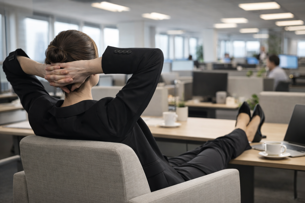 Kvinne som tar en rolig pause i et moderne kontorlandskap for å redusere stress og hente ny energi i arbeidsdagen